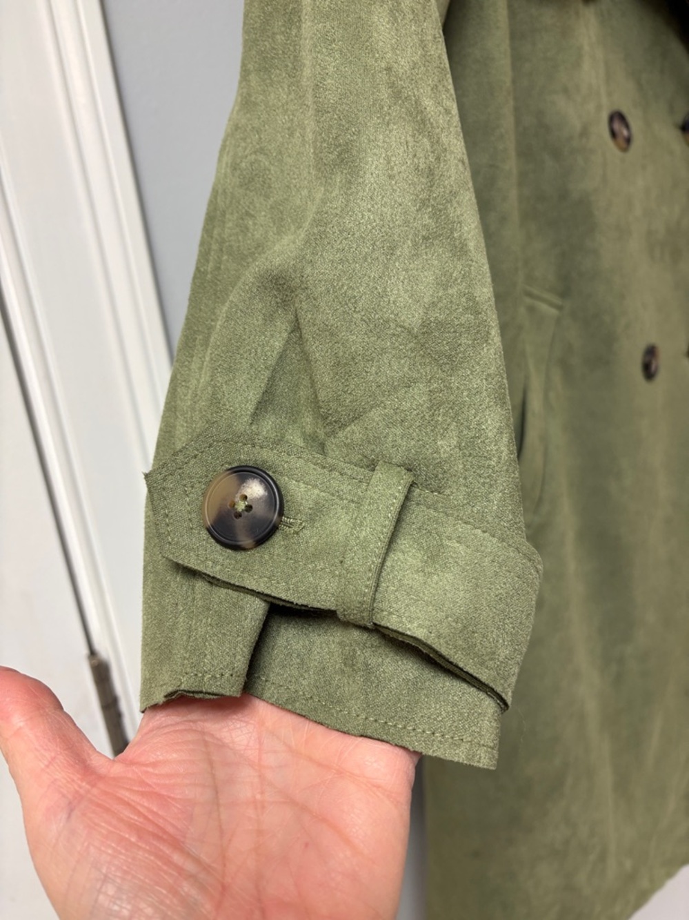 Faux Suede Sage Green Trench Coat Belted Lightweight Sz M - Picture 5 of 7